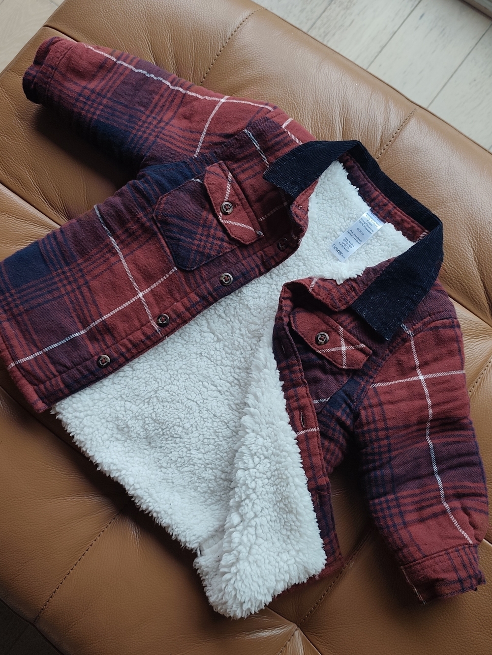 George Red and Navy Plaid Baby Boy Sherpa-Lined Jacket Corduroy Collar 12-18M